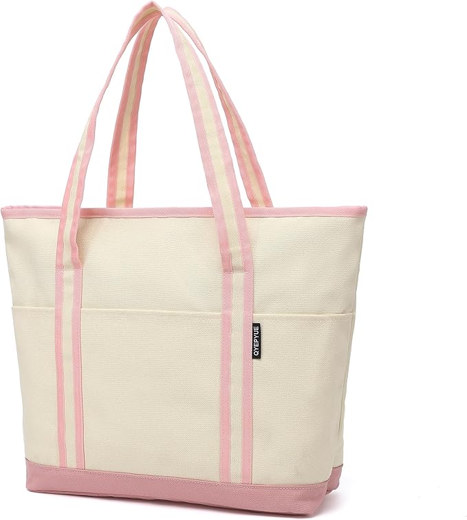Large Canvas Tote Bag for Women, Beach Bag with Zipper, Utility Tote Bag with 3 Front Pockets, Weekender Pool Bag by CanvasToteBag