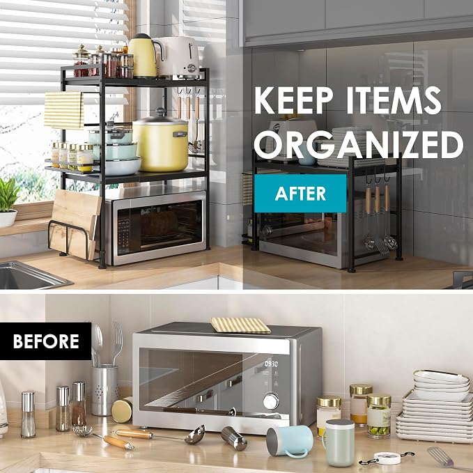 DOLALIKE Microwave Oven Rack, Expandable Microwave Stand Countertop Kitchen Utensils Tableware Storage, Carbon Steel Over Microwave Shelf Countertop with 6 Hooks | Adjustable Microwave Oven Rack Metal Storage Shelf for Pans Small Appliances Kitchen Ute... - Image 2