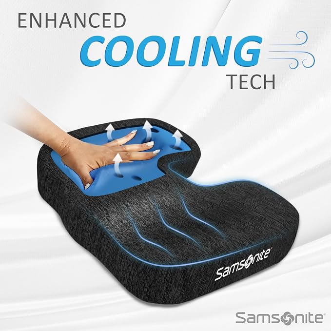Samsonite Gel Infused Seat Cushion – Ergonomic Cushion for Office Chair, Tailbone Pressure Pad, Coccyx Support for Sciatica, Memory Foam Seat for Car, Desk, or Gaming Chair Use, Black - Image 2