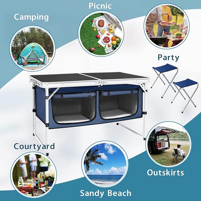 Folding Camping Table with Storage Compartment Aluminum Lightweight Camp Kitchen Table Height Adjustable Indoor/Outdoor Table Perfect for Tailgating, Backyards, BBQ, Picnic (Black-Wide W/Stool) - Image 4