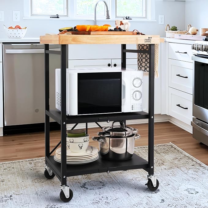 Mythinglogic Foldable Kitchen Storage Cart, 3-Tier Rolling Cart with Solid Oak Top, Heavy-Duty Metal Utility Rack for Microwave, Pots, Dish Set, Meal Prep Area, Kitchen Island on Lockable Wheels - Image 7