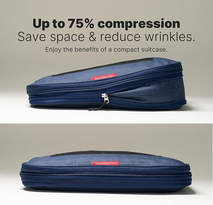 LeanTravel Premium Compression Packing Cubes for Travel - Suitcase Organizer Bags with Double Zipper & Breathable Mesh Panel - Space Saving Carry On Luggage Essentials (6-Pack, Navy Blue) - Image 3