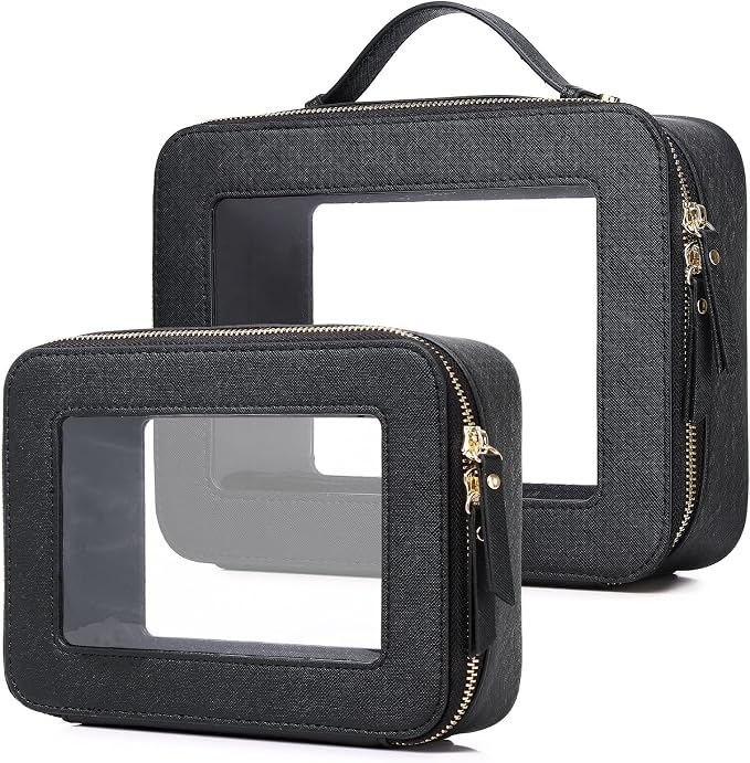 Pinkmik Clear Makeup Bag, (Black, M+L) | 2PC,Waterproof, Travel Cosmetics and Toiletries Case, Portable Makeup Organizer, Clear Car Bag with Zipper by Pinkmik