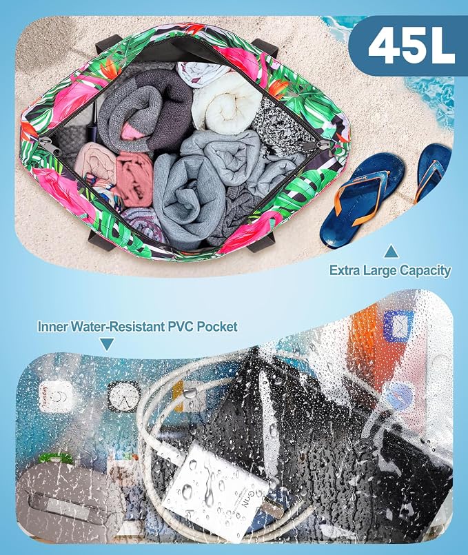ISEYOU Extra Large Beach Bag Waterproof Beach Totes Bags for Women, Lightweight Foldable Pool Bag with Zipper Wet Compartment - Image 4