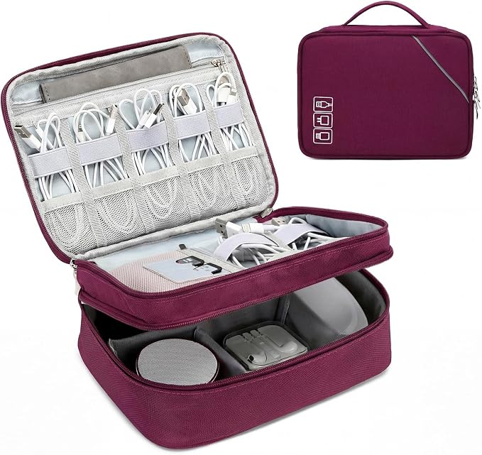 Lanola Electronic Organizer Travel Double Layer Cable Organizer Bag,Accessory Bag for Hard Drives,Cables,USB,SD Card,Memory Cards,Flash Drive,etc. - Red by Lanola