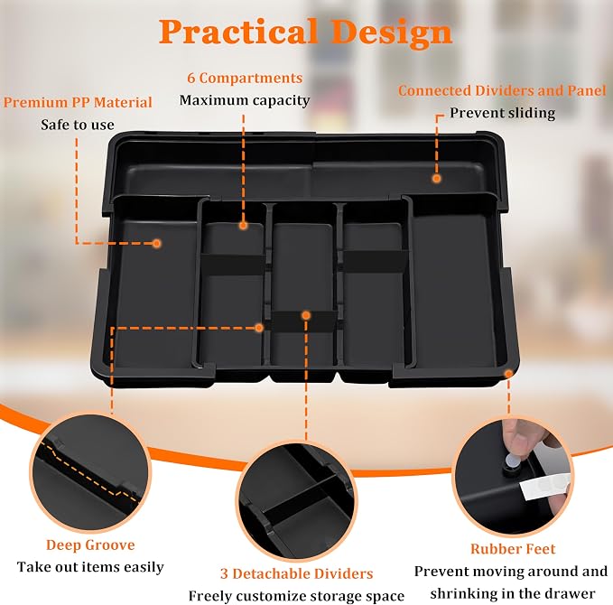 Large Utensil Drawer Organizer Expandable Silverware Organizer for Kitchen Drawer Adjustable Cooking Utensil Holder Cutlery Flatware Tray Spatula Tools Gadgets Storage Dividers Plastic Black - Image 8