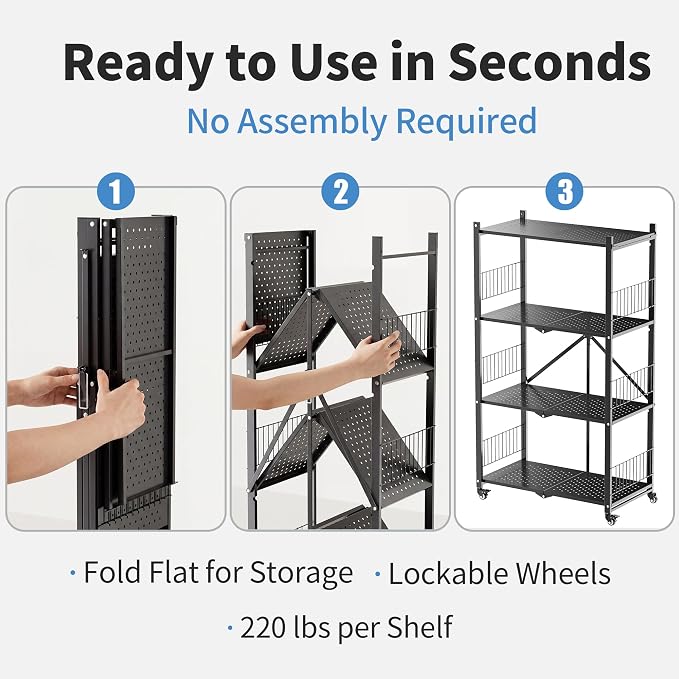 Folding Storage Shelves, 4-Tier Metal Foldable Shelf Shelving Rack Organizer On Rolling Wheels in Kitchen Warehouse Patio Pantry Garage Collapsible Shelves No Assembly (Black, 4-Layer) - Image 3