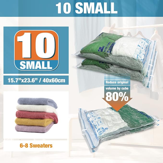 Vacuum Storage Bags, 10 Small Space Saver Vacuum Seal Bags, Space Bags, Vacuum Sealer Bags for Clothes with Travel Hand Pump (10S) | Home and Travel, Airtight Triple Seal, Save 80% Space, Hand Pump, Work with Vacuum, Double Zip, Reusable, Easy to Use - Image 2
