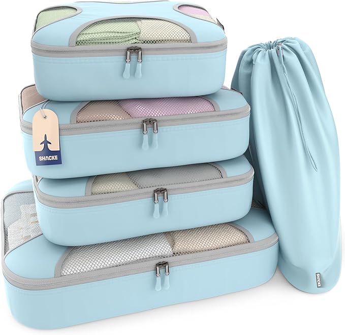 Shacke 5 Set Packing Cubes for Travel with Laundry Bag (Sky Blue) | Suitcase Organizer Bags Set: 4 Water-Resistant Luggage Cubes, XL to Small, + Laundry Bag for Carry-On or Checked by Shacke