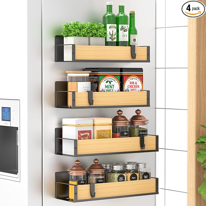 HuggieGems 4 Pack Magnetic Spice Storage Rack Organizer for Refrigerator and Oven, Wood Fridge Organizers and Storage | Magnetic Shelves Heavy Duty for Fridge in Kitchen, Seasoning Storage Organizer, For Oven Washer and Dryer, For Heavier Items by HuggieGems