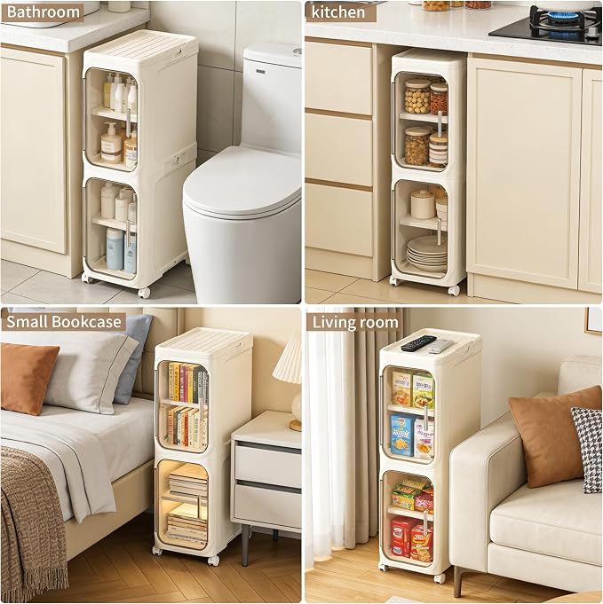 Narrow Storage Cabinet,2-Tier Slim Bathroom Organizer with Wheels,Beige | Turns Unused Narrow Spaces into Organized Storage Slim Outside Spacious Inside Rolls Smoothly Locks Securely Snap Assembly - Image 5