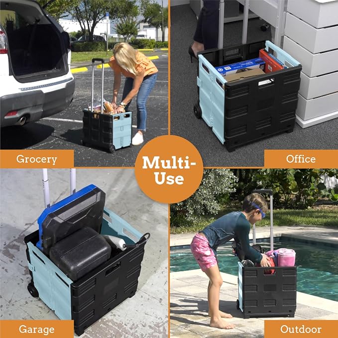 Inspired Living Ultra-Slim Rolling Collapsible Storage Pack-N-Roll Utility-carts, with Telescopic Handle, for Home, Garden, Shopping, Office, School use, Large, Baby Blue & Black - Image 5