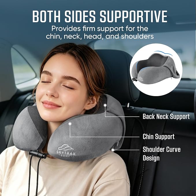 SkytraxComf® Travel Neck Pillow with Hood for Privacy on Long Flights | Memory Foam | Airplane Sleep | Safety-Tested Materials | Extra Large Hood | Chin Support | Earplugs | Washable Cover - Image 4