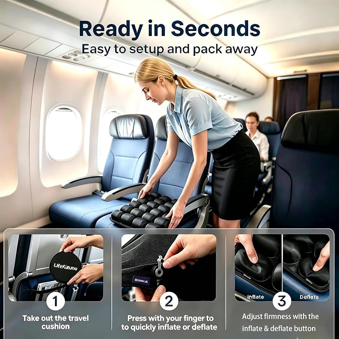 Airplane Seat Cushion, Inflatable Seat Cushion, Travel Cushion | with No External Air Pump, for Car, Airplane, Office, Ergonomic Comfort Support, Adjustable Air Cushion with Non-Skid Bottom - Image 3