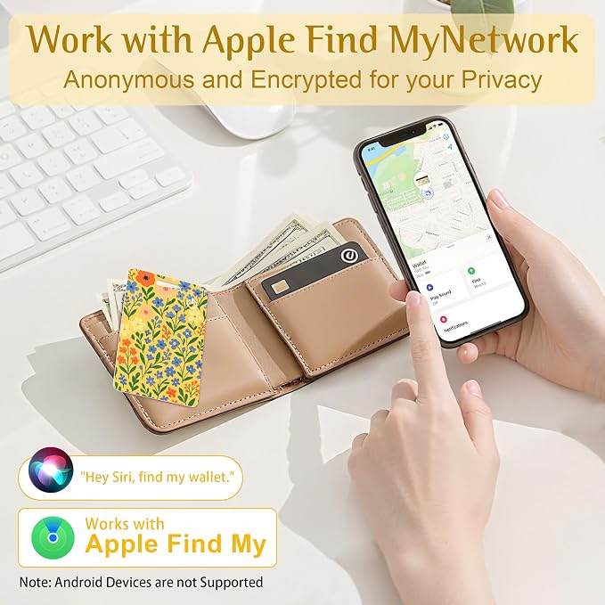 Wallet Tracker Card – Slim Bluetooth Tracker, IP68 Waterproof, Rechargeable Wireless Locator for Wallets, Luggage & Passports Compatible with Find My on iPhone (Yellow Blue Flowers) - Image 2