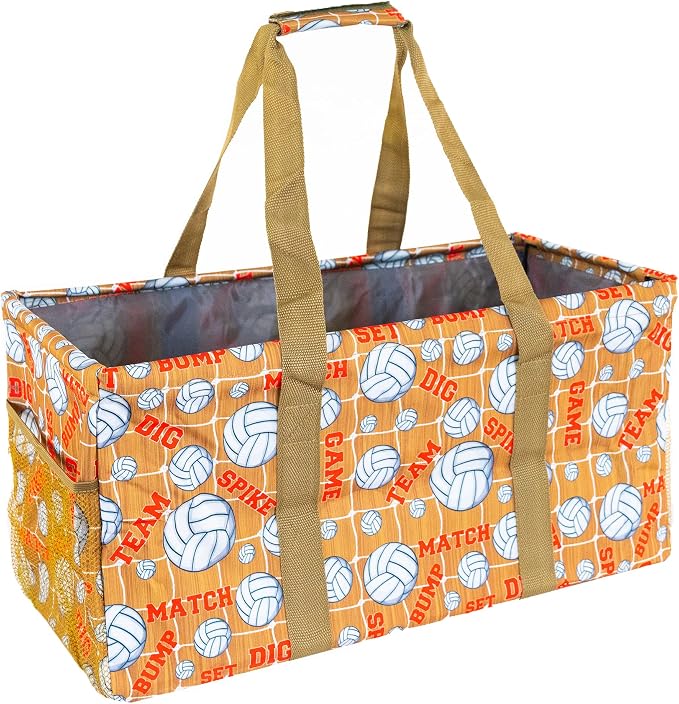 Extra Large Utility Tote Bag - Oversized Collapsible Reusable Wire Frame Rectangular Canvas Basket With Two Exterior Pockets For Beach, Pool, Laundry, Car Trunk, Storage - Volleyball by Lucazzi