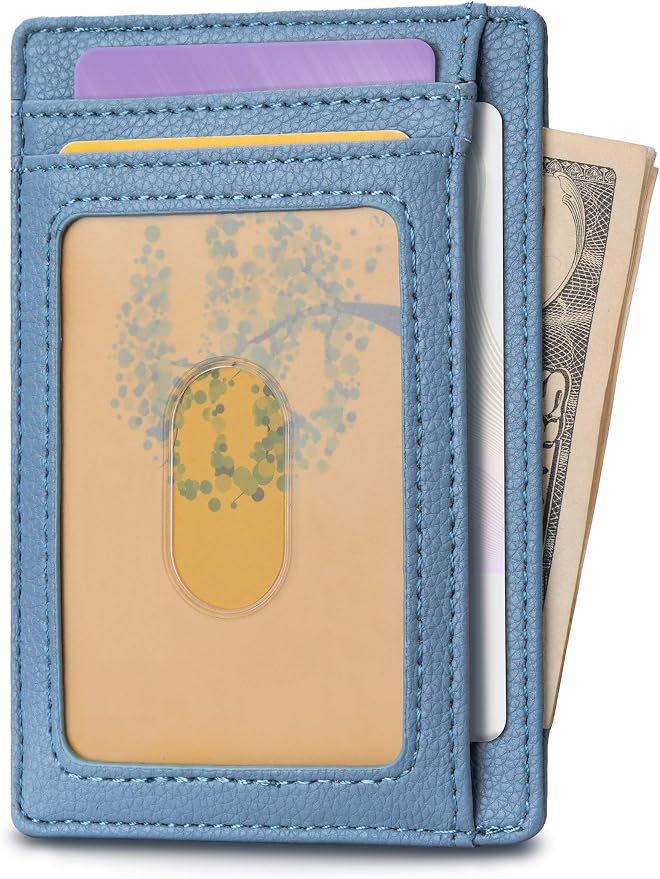Buffway Slim Minimalist Front Pocket RFID Blocking Leather Wallets for Men and Women - Lichee Blue Grey - Image 2