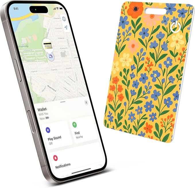 Wallet Tracker Card – Slim Bluetooth Tracker, IP68 Waterproof, Rechargeable Wireless Locator for Wallets, Luggage & Passports Compatible with Find My on iPhone (Yellow Blue Flowers) by MUSINOTE