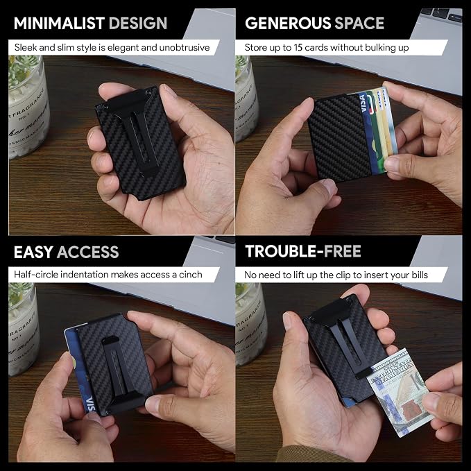 Minimalist Wallet for Men, Slim Metal RFID Blocking Wallet Credit Card Holder Money Clip & Cash Strap, Scratch-Resistant Holds 15 Cards,Ideal Gift for Men | Carbon Fiber - Image 5
