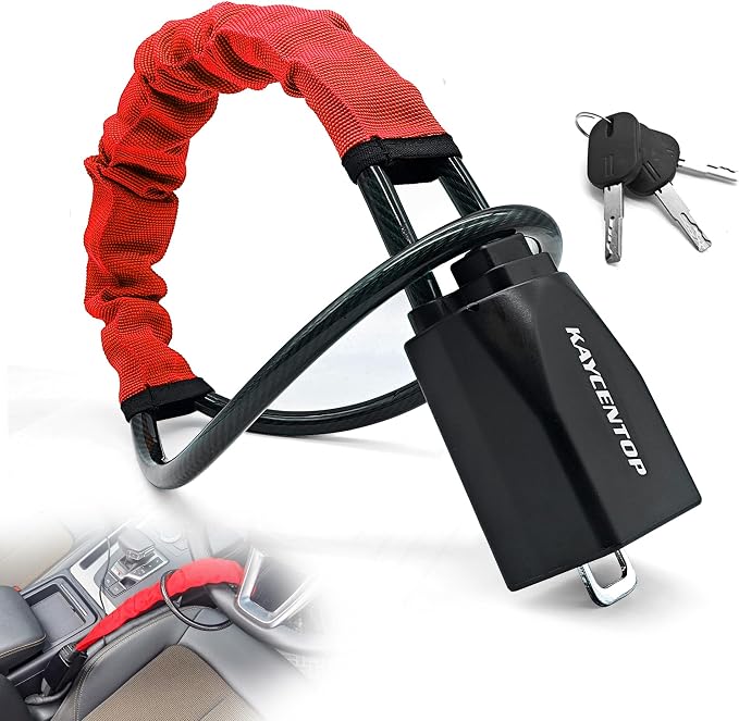 KAYCENTOP Car Steering Wheel Lock, Seat Belt Lock, Anti-Theft Device, Max 17 Inch Length, Small and Light-Weight, Multi-Functional, Fit Most Vehicle, SUV, Golf Cart Security (Red) by KAYCENTOP