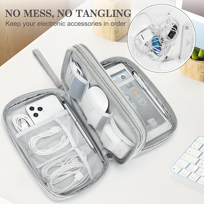 FYY Electronic Organizer, Travel Tech Pouch Bag, Large, Grey | Wrist Strap, Waterproof, Double Layers Portable Electronics Travel Carrying Case for Cord, Charger, Daily Business Trips Use - Image 5