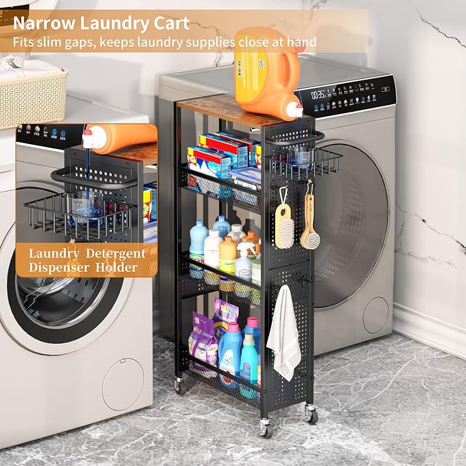 Slim Storage Rolling Cart: 4-Tier Narrow Metal and Wood Utility Cart with Wheels for Kitchen/Laundry/Bathroom(Black) - Image 4