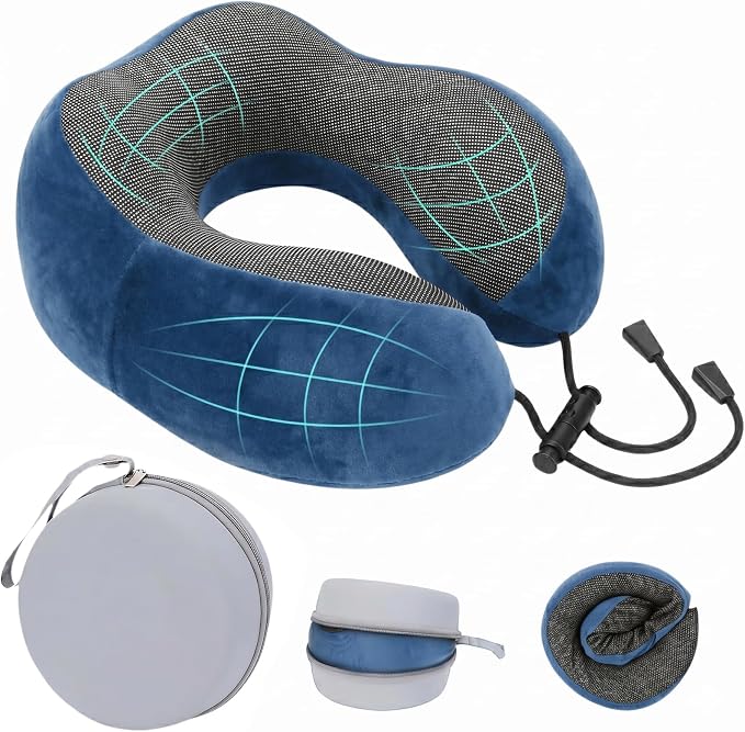 Travel Neck Pillow, 100% Memory Foam, U-Shaped with Storage Box, Blue | 100% memory foam with 360-degree support & adjustable buckle. Compact storage box. Machine washable cover. Fits all necks. by Unknown