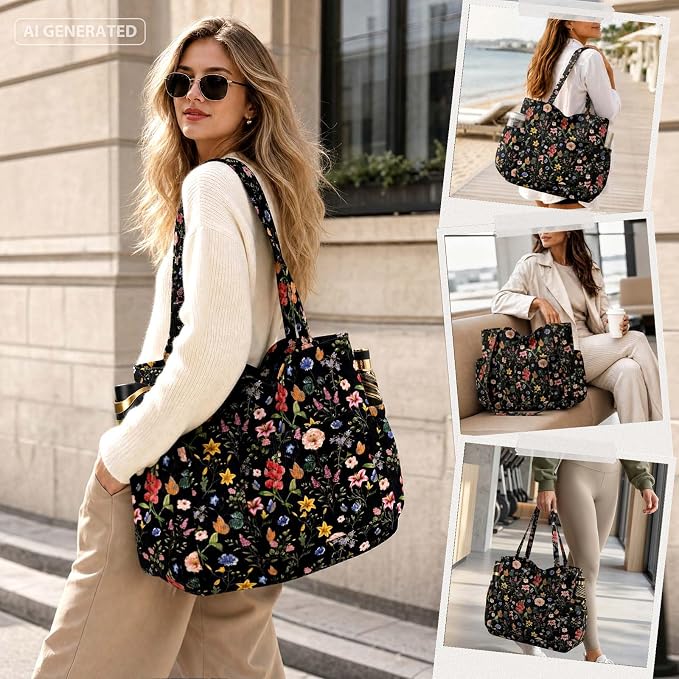 Corduroy Tote Bag for Women,Large Capacity Cute Tote Bags With 6 Pockets,Crossbody Shoulder Handbag for Work Travel Gym - Image 2