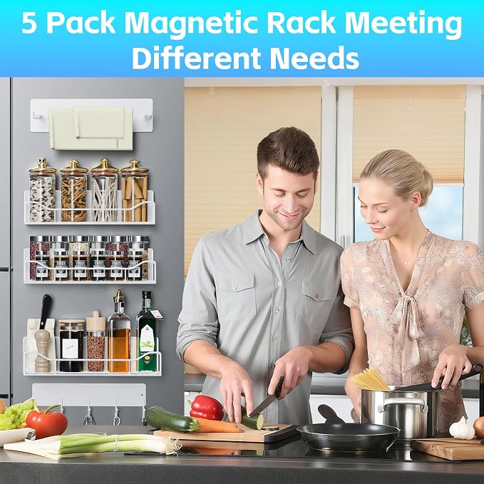 Magnetic Spice Rack for Refrigerator, 5 Pack Magnetic Fridge Organizer Shelves, Strong Magnetic Hold, No Drilling, Space Saving Storage Rack for Kitchen & Washing Machine Organizer (White) - Image 8
