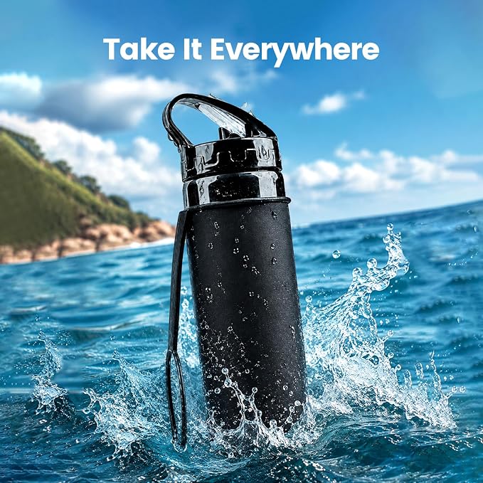 Collapsible Water Bottles 20oz, Foldable Travel Bottle, Leak Proof Lid Running water bottle Reusable BPA Free Silicone for Hiking, Camping, Sports & Outdoors Black - Image 6