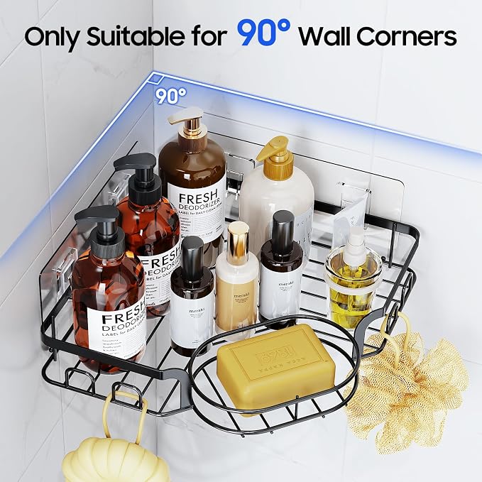 Corner Shower Caddy, Rustproof Shower Organizer with Soap Holder and 8 Hooks, No Drilling Adhesive Shower Shelves for Inside Shower, Large Capacity Shower Rack for Bathroom Shower Storage, Black - Image 2