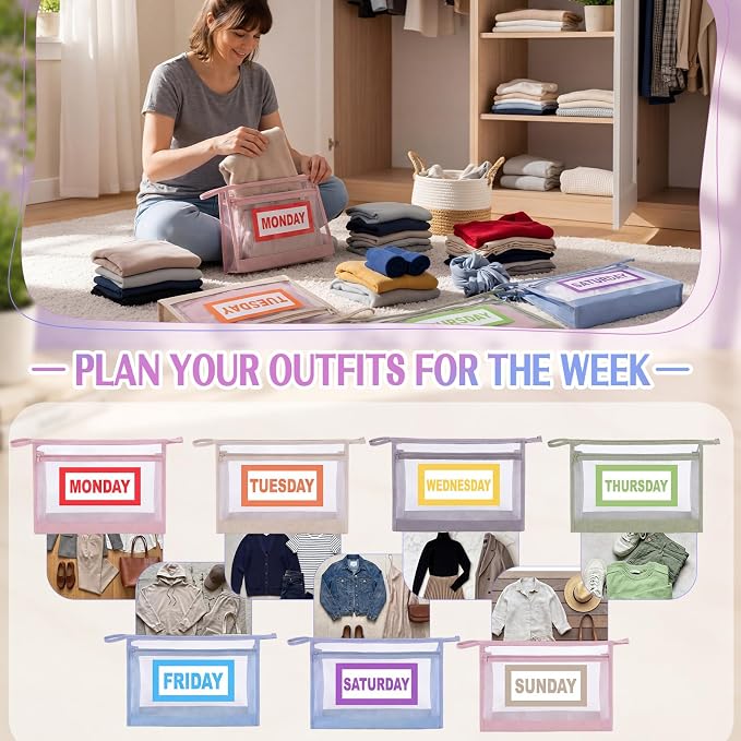 Woanger 14 Pcs Daily Packing Cubes for Travel, Days of Week Clothes Bags with Weekly Stickers, Storage Bag for Suitcases Camping (Morandi Colors) - Image 6