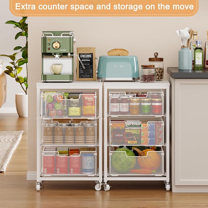 Kitchen Cart with Storage, 3-Tier Pantry Organizer and Storage Cart with Drawer, Fruit Vegetable Storage Cart with Wheels, Wooden Top Metal Wire Kitchen Organizer Rack Stand for Snack Onion Potato - Image 4