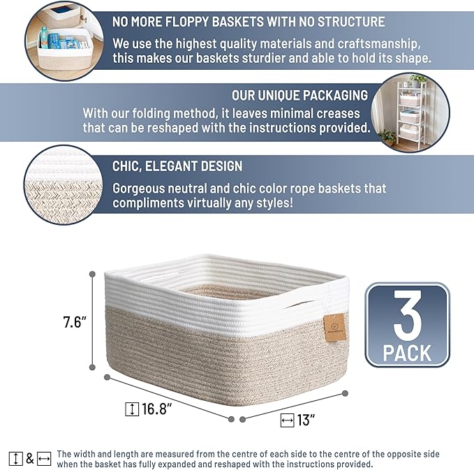 NaturalCozy Storage Baskets 16.8”x13”x7.6” Cotton Rope Woven Baskets for Organizing 3-Pack | Toy Storage Bins | Basket for Shelves, Laundry, Blanket, Clothes, Closet, Kitchen, Bathroom, Gifts - Image 2