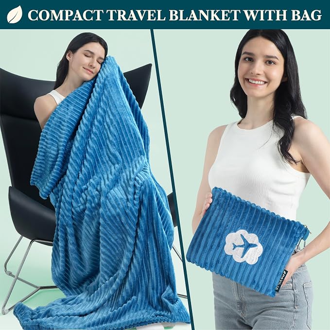 PAVILIA Travel Blanket and Pillow, Soft Ribbed Fleece Airplane, Teal Blue | 65x40, Compact Packable Plane Throw with Bag, Luggage Strap and Back Pocket, Cozy Flight Essentials Travelers Camping Gift - Image 2