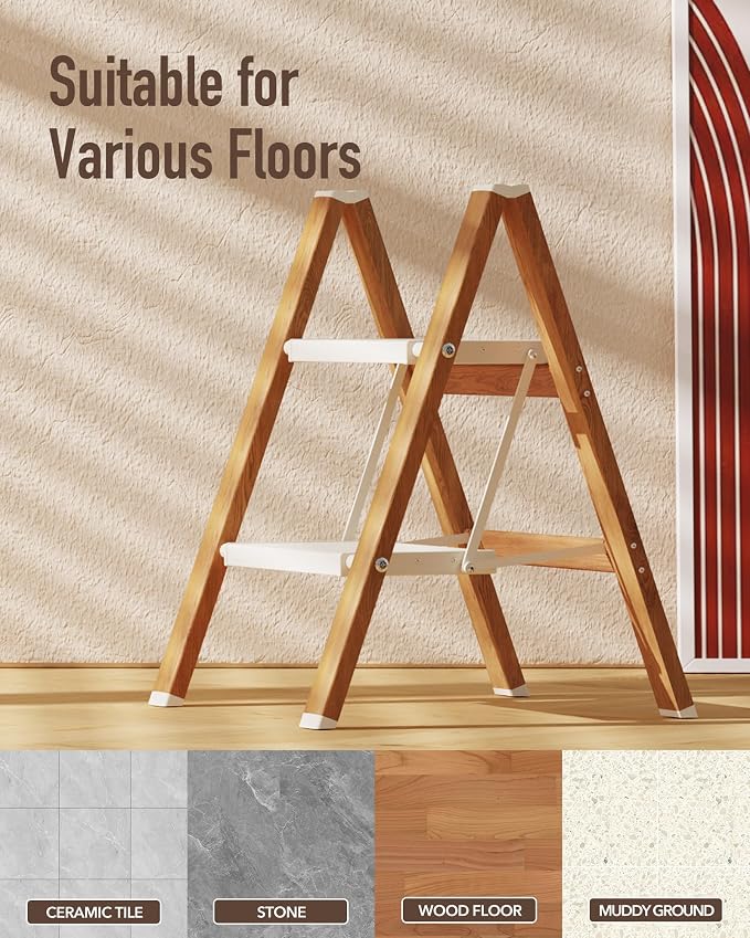 Mayi Plus 2 Step Stool Foldable, Aluminum, Lightweight Step Ladder | Extra-wide anti-slip folding steps with 330 lbs, for home,kitchen,office,outdoor,White & Woodgrain - Image 5