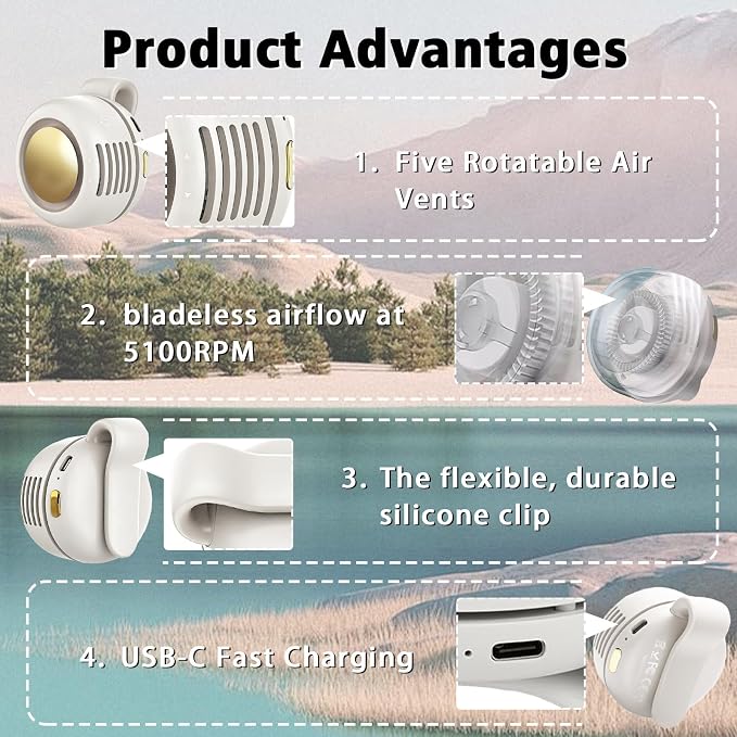 Portable Clip-On Fan, Mini USB Rechargeable 360° Rotatable Fan, Personal Fan 3-Speed Silent Mini Bladeless Fans (2pack(White and Pink)) - Image 3