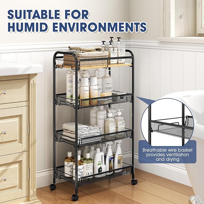 TOOLF 4-Tier Rolling Cart, Metal Utility Cart, Slide Out Storage Cart with Wooden Tabletop and Mesh Baskets, Easy Assemble Trolley for Kitchen Bathroom Laundry Room Bedroom Apartments Dormitory - Image 5