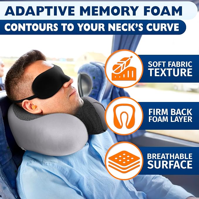 Travel Neck Pillow for Airplane, 100% Memory Foam (Gray) | 4-in-1 Set with 3D Eye Mask, Earplugs, Carry Bag, Washable Cotton Cover & Snap Buttons, Neck Pillow for Plane, Car & Train - Image 6