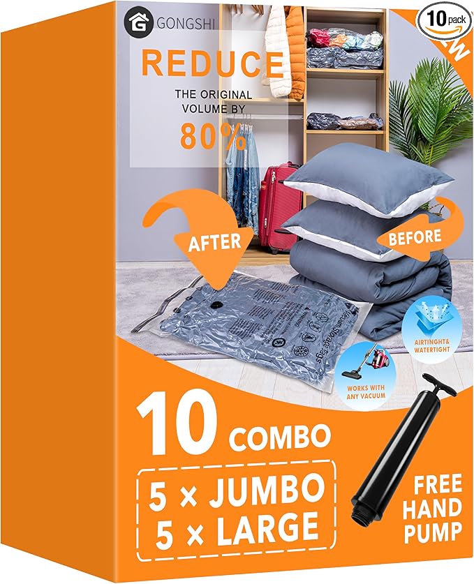 GONGSHI Vacuum Storage Bags, Space Saver Seal Bags For Clothing, Travel Luggage,Blankets, Comforters, Pillows, Clothes Storage.5 Jumbo 5 Large by GONGSHI