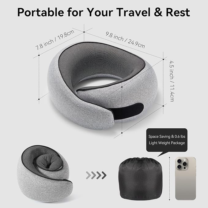 Travel Neck Pillow for Airplanes, Memory Foam Neck Pillow with Ergonomic 360° Support, Compact Design for Plane, Car & Office Travel Essentials, Gray - Image 4