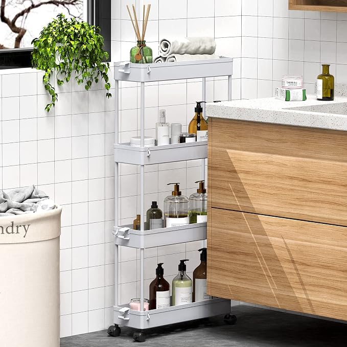 SPACEKEEPER Slim Rolling Storage Cart 4 Tier Bathroom Organizer Mobile Shelving Unit Storage Rolling Utility Cart Tower Rack for Kitchen Bathroom Laundry Narrow Places, Gray | Narrow Rolling Cart with Wheels for Kitchen Office Bathroom Laundry Room,Mob... - Image 5