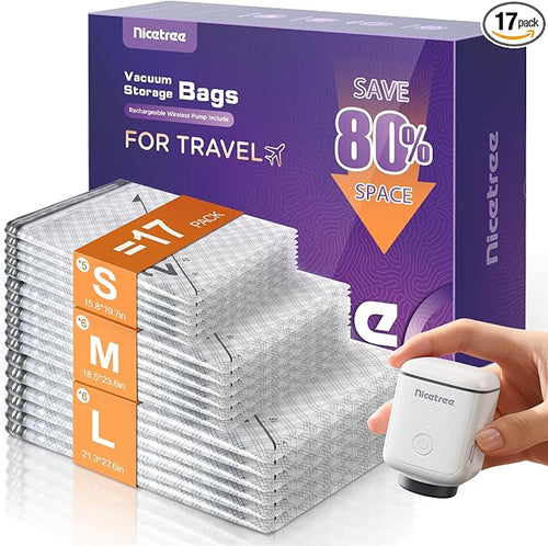 17-Pack Vacuum Storage Bags for Travel with Rechargeable Pump | Compression Bags for Suitcases, Carry-On Luggage & Clothing Storage, Space Saver Bags in 3 Sizes by Nicetree