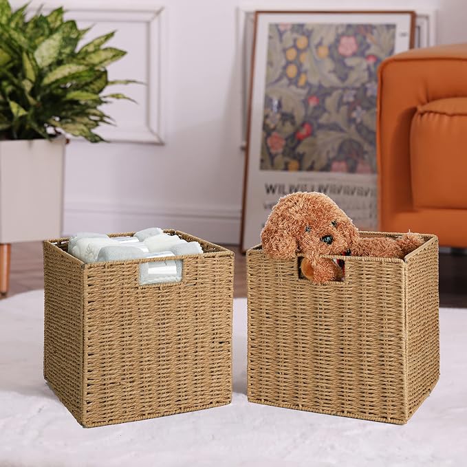 Wicker Baskets, Set of 2 Hand-Woven Storage Baskets for Shelves with Handles, Foldable Cube Wicker Storage Basket Bins Organizer 13 Inches Large Woven Baskets for Storage Organizing & Decor - Image 5