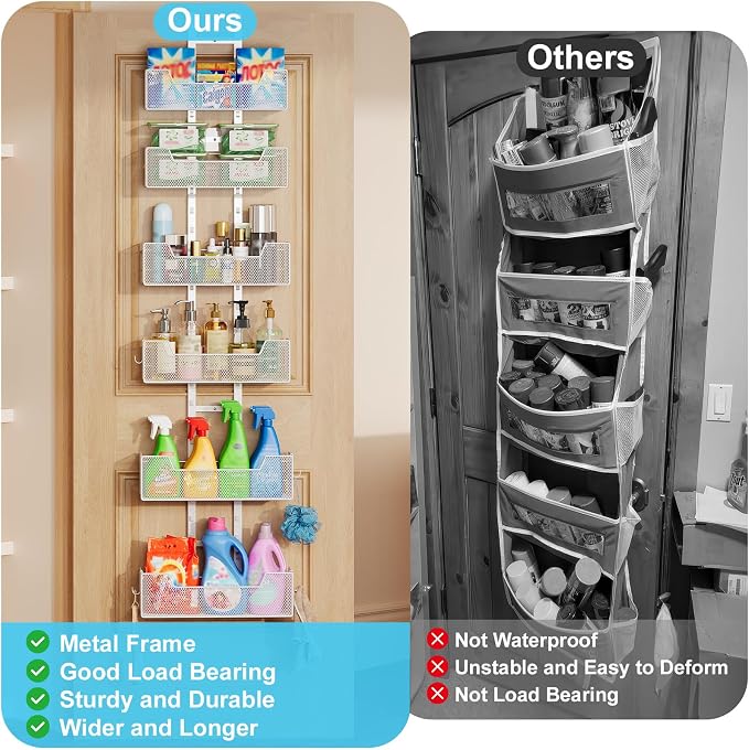 Hongtamoya Over The Door Organizer, Metal Hanging Door Organizer with 6 Adjustable Baskets and 5 Hooks, Behind The Door Storage for Closet Cabinet Kitchen Bathroom Bedroom Pantry Door Organizer, White - Image 9