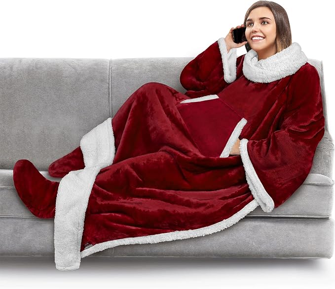 PAVILIA Sherpa Blanket with Sleeves, Foot Pocket for Women Men Adults, Thick Wearable Blanket Throw Wrap, Fleece Warm Snuggle Blanket Robe, Cozy Gift Ideas Wife Mom, Dark Red by PAVILIA