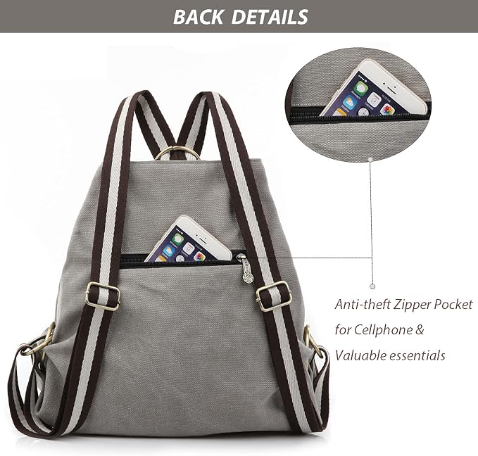 Goodhan Women Canvas Backpack Daypack Casual Shoulder Bag, Vintage Heavy-duty Anti-theft Travel Backpack, Light Grey - Image 4