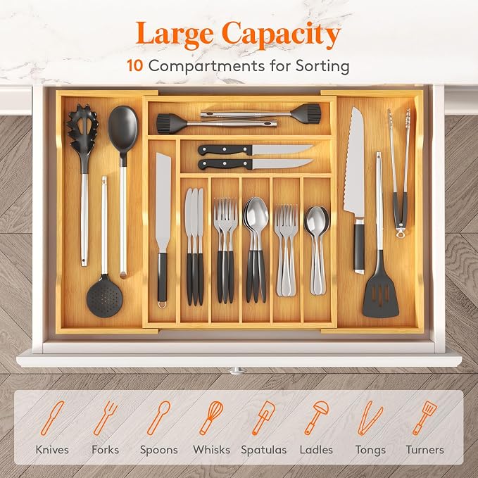 Lifewit Silverware Drawer Organizer, Wooden Utensil Tray for Kitchen | Expandable Flatware and Cutlery Holder, Adjustable Storage for Spoons Forks Knives, 17-28 x 18.5", Natural - Image 4