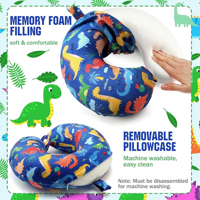 Gilprop 2 Pcs Dinosaur Travel Pillow with Sleep Eye Mask, U Shaped Memory Foam Headrest & Neck Pillow with Washable Cover, Soft Neck Head Support Travel Accessories for Airplane Car Train Bus Trips - Image 4