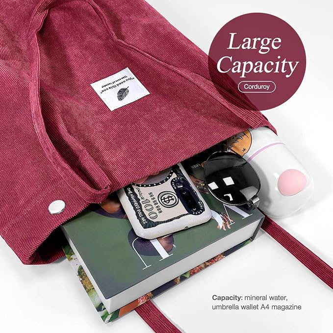 LHMTQVK Corduroy Tote Bags for Women, Large Capacity Tote Purse Reusable Grocery Shoulder Bag with Inner Pockets - Image 4